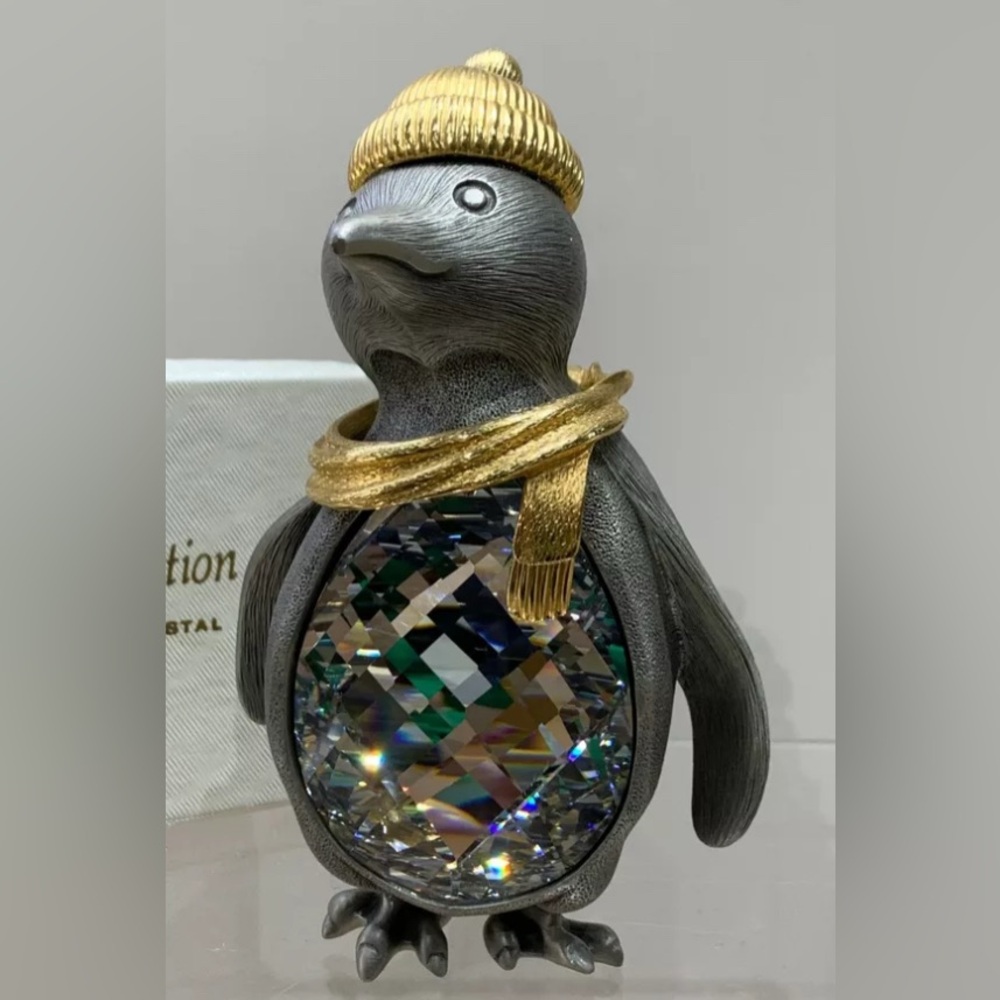 Swarovski Crystal Gold Trimlite Strass Suite Medium 3“ Pewter Penguin Figurine - Picture 3 of 9